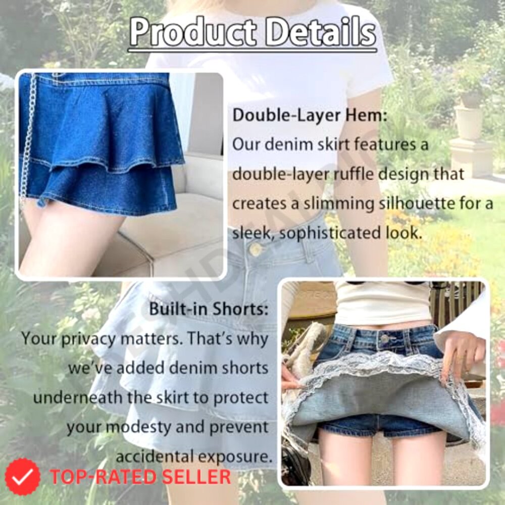 Denim Mini Skirt A-Line High Waisted Ruffled Edge with Safety Lining Y2K Chic - Picture 5 of 6